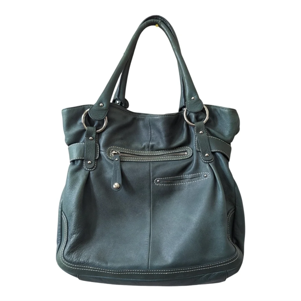 B. Makowsky Teal Slouchy Soft Pebble Leather Hobo Bag Y2K Bohemian Chunky Metal